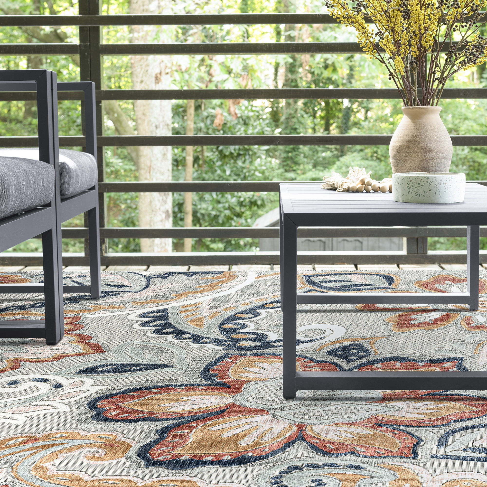 8x10 Water Resistant, Large Indoor Outdoor Rugs for Patios, Front Door Entry, Entryway, Deck, Porch, Balcony | Outside Area Rug for Patio | Gray, Floral | Size: 7'7'' x 10'3''
