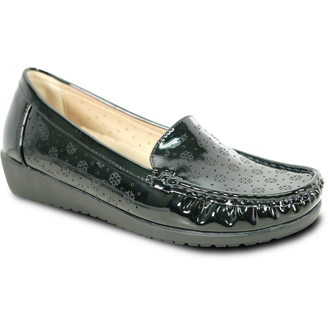 kozi Femme Confort Décontracté Chaussure Compensée à Enfiler Mocassin ML3255 Bout Rond Semelle Intérieure Amovible Noir Brillant Taille 9.5