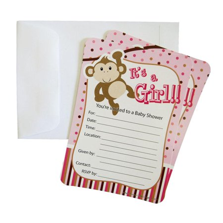 Baby Shower Invitations 12 Piece 7 Inches Monkey Baby Girl Light