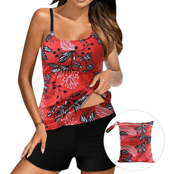 Vintage Floral Tankini Bathing Suits for Women Beach Spaghetti Strap 2 Piece Modest Swimsuits with 13.7*12.2 Swim Bag Red, 2XL