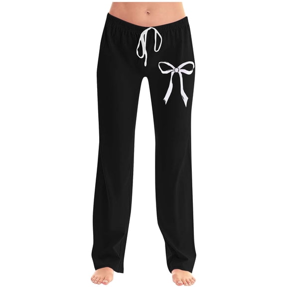 Inleife Women Fashion Bow Printing Pants Elastic Waist Drawstring Fallow Full Length Pants Black L