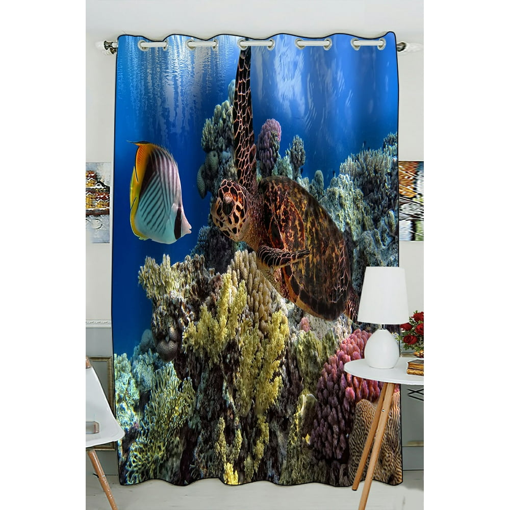 Phfzk Ocean Animal Window Curtain, Underwater World Sea Turtle Fish
