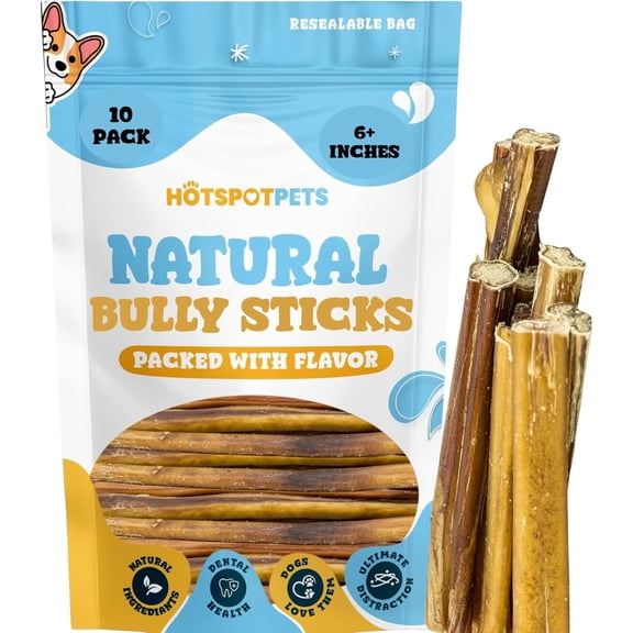 HotSpot Pets All Natural Bully Sticks 6 Inch - 10 Pack - 100% Beef Chew Dog Treat for Large Dogs