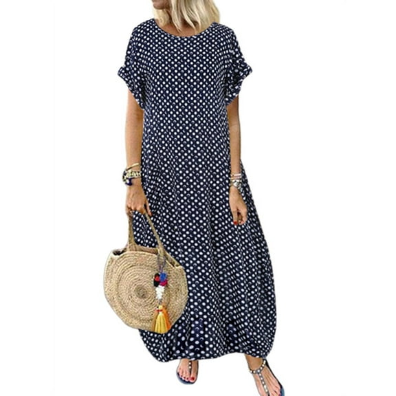 YOHOME Women O-Neck Short Sleeve Dot Printing Dress With Pockets Maxi Dress