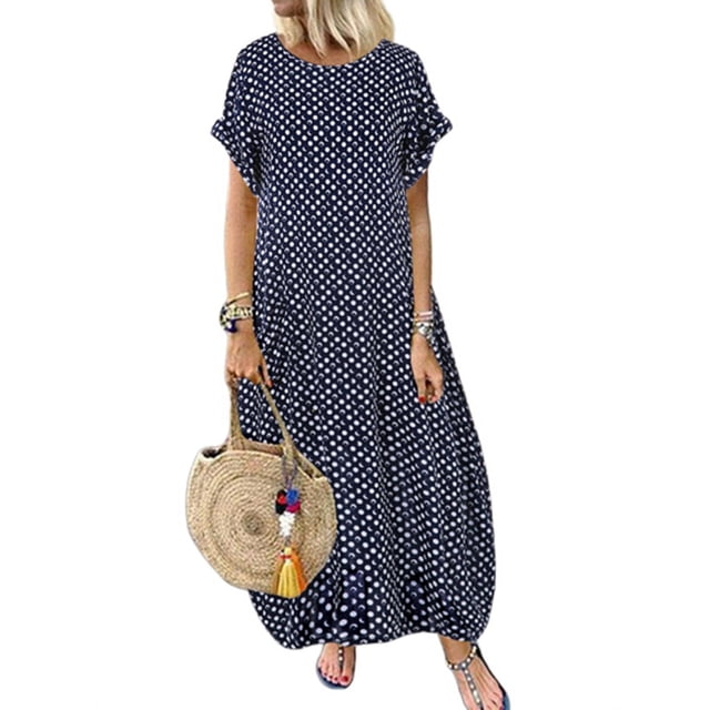 ZANZEA Robe à Manches Courtes pour Femmes, Imprimé à Pois/fleuri, Longue Robe