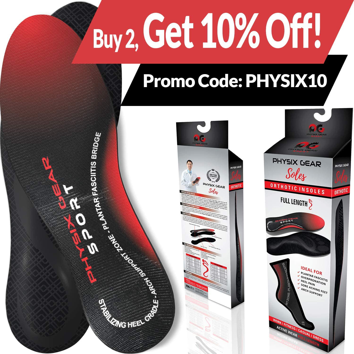 Physix Gear Sport Full Length Orthotic Inserts w/ Arch Support Shock Absorption 