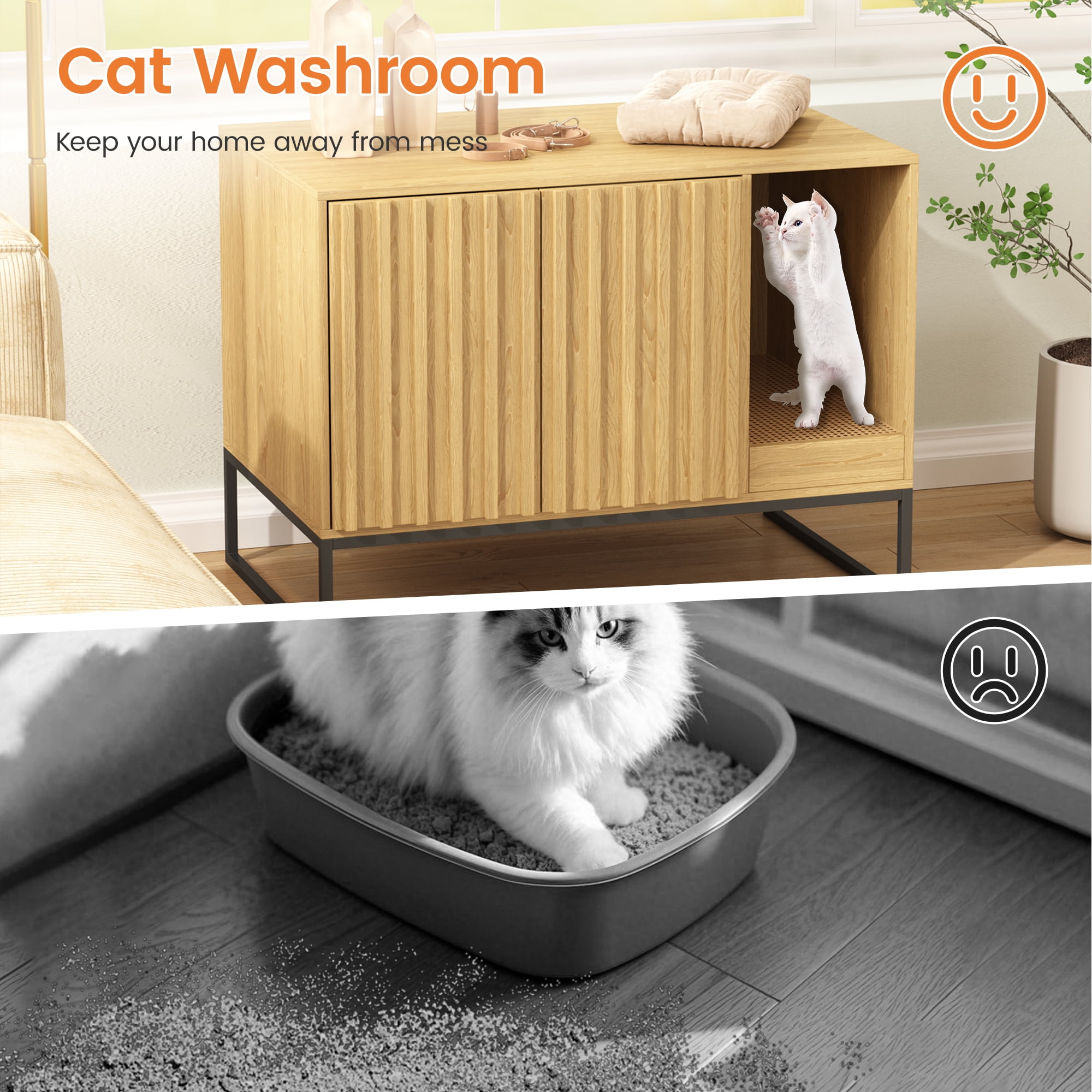 VEANERWOOD Cat Litter Box Enclosure Furniture, Wood Hidden Litter Box with Cat Scratch Pad, Beige