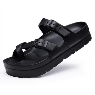 Litfun Slides for Women Thick Soles Slide Sandals with Arch Support Adjustable Buckle Platform Sandals, Black, 8-8.5