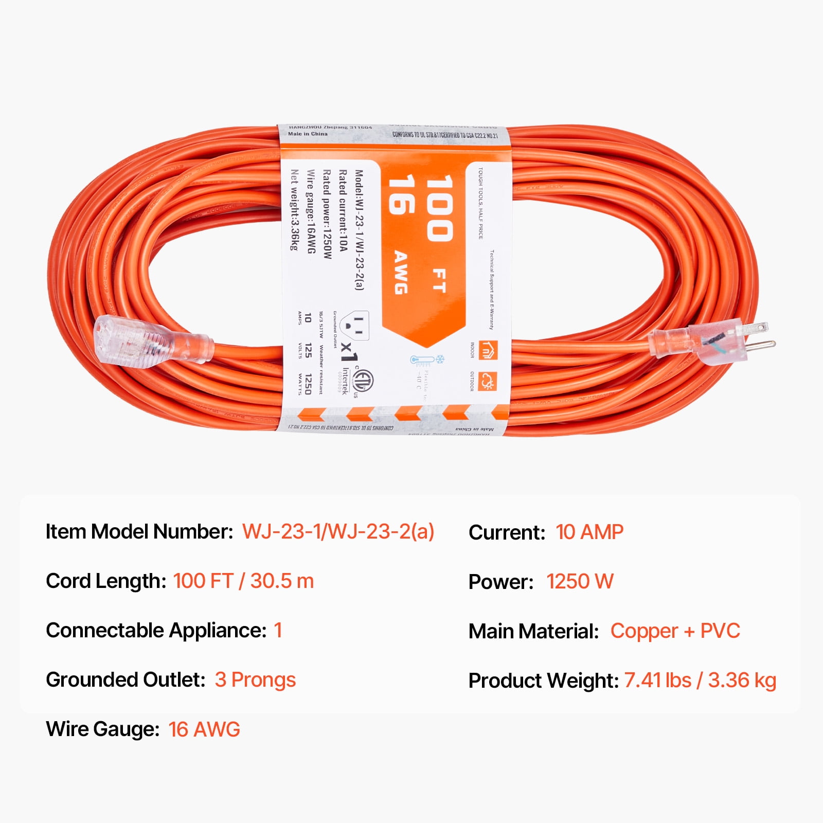 KFFKFF 100FT Indoor Outdoor Extension Cord, 16AWG 10Amps 1250W, 3-Prong Electric Cable with Illuminated End, Flexible and Cold-Resistant to -40°C, Suitable for Office and Home Use, ETL Certified