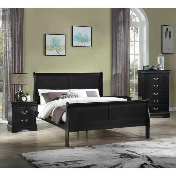 3pc Louis Philip King Panel Bed Chest Nightstand Set Bedroom Furniture Black Finish