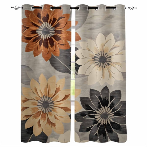 Burnt Orange Grey Black Flower Blackout Curtains 45 Inches Long for Bedroom, Spring Floral Botanical Thermal Insulated Room Darkening Black Out Window Curtain Panels Grommet Drapes for Living Room
