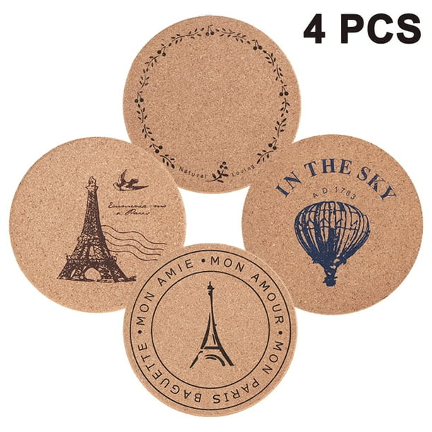 4 Piece Set Round Cork Coaster Placemat, Pots, Pans and Plants, 19cm