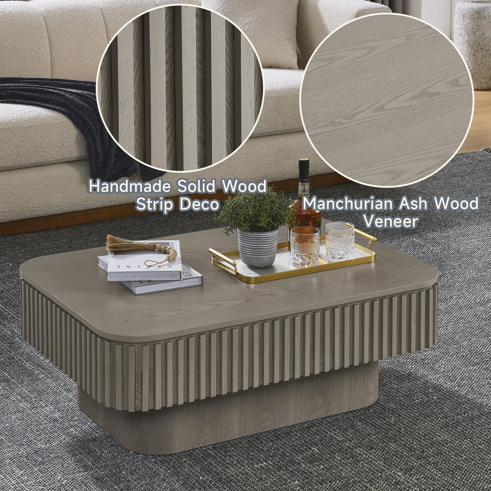 BFJDM 38.6" Gray Lift Top Coffee Table, Fluted Hidden Storage Modern Coffee Table for Living Room