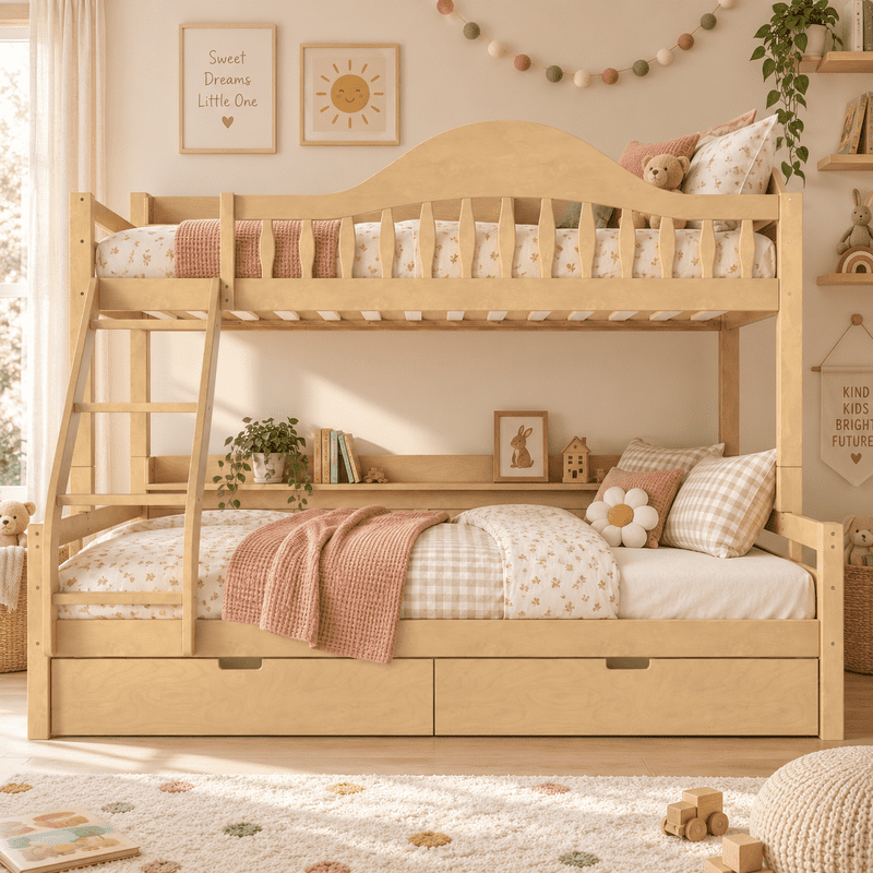 Twin XL Over Queen Bunk Bed with Storage Drawers, Solid Wood Bunk Bed Frame with Curved Guardrails, Side Storage Shelves and Ladder, No Box Spring Needed