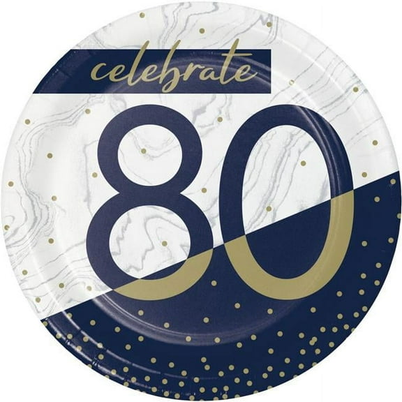 Creative Converting 357597 7 in. Dia. Navy & Gold Milestone 80th Birthday Luncheon Paper Plate