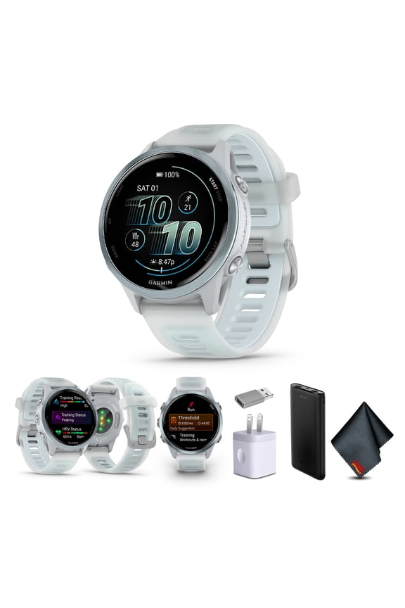 Forerunner 570 Running Smartwatch, 42MM WiFi, GPS Fitness Smart Watch For Men And Women, Cloud Blue Aluminum with Translucent Whitestone/Cloud Blue Band Bundle With P-Bank + More