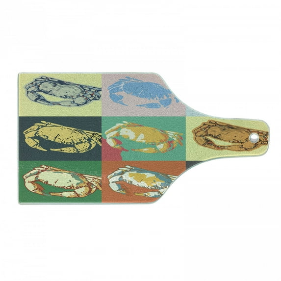 Crabs Cutting Board, Illustration of Crabs Different Colors Poprt Style Retro Design Print, Tempered Glass Cutting and Serving Board, Wine Bottle Shape, Pale Yellow and Orange, by Ambesonne