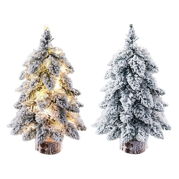 sunsanly Mini Christmas Tree Ornament Artificial Snow Flocked Xmas Tree Light-up Pine Tree with Wooden Base for Indoor Outdoor Holiday Party Decor