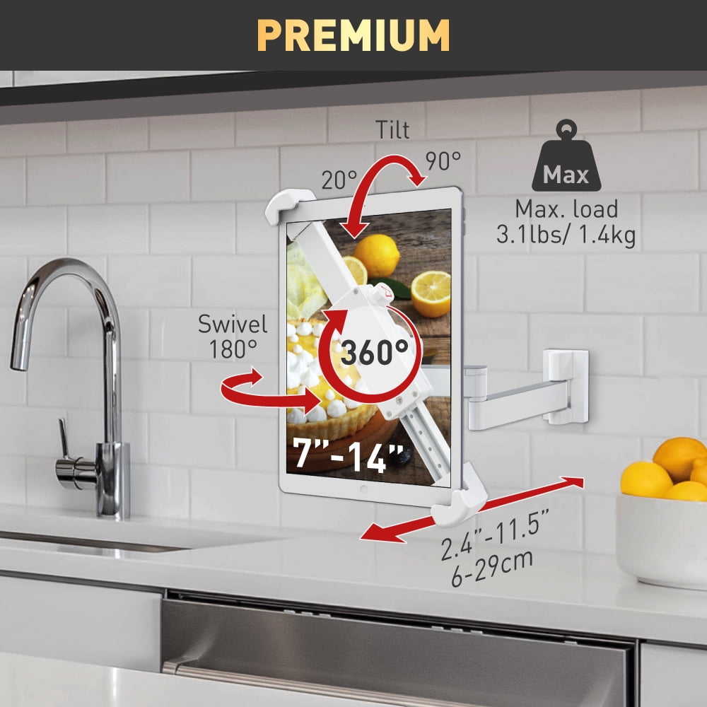 Barkan Tablet Mount Holder for 7 - 14 inch Devices, Fixed, 360 degree Rotation Bracket, fits Apple iPad / Air / Mini, Samsung Galaxy Tab, Fire HD 7 / 8 / 10