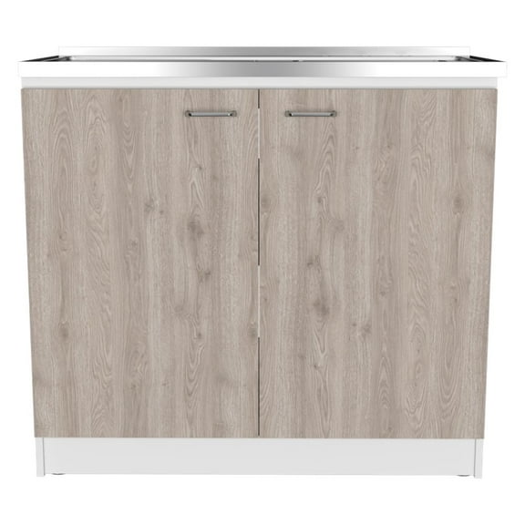 Izzovium Utility Sink Vernal Kitchen Base Cabinet with Stainless Steel Sink, 20.5x39.3x35.4in, Smokey Oak/Light Gray, Particle Board, Easy Assembly, Durable Storage