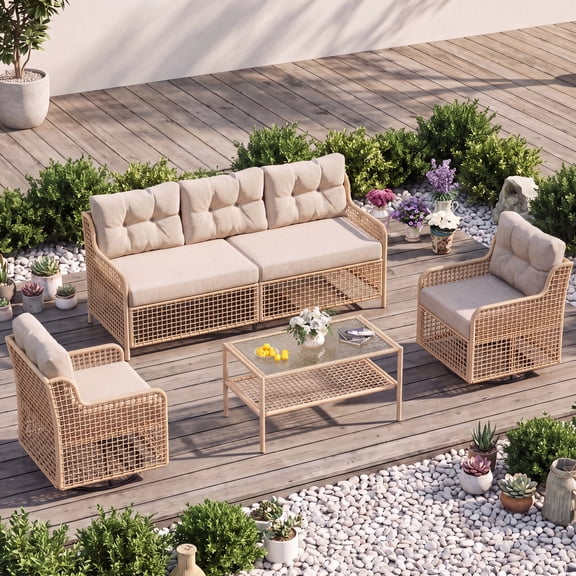 UDPATIO Patio Conversation Set, Rattan Wicker Furniture, 4 Piece Outdoor Sectional Set with Coffee Table & All-Weather Wicker, Beige