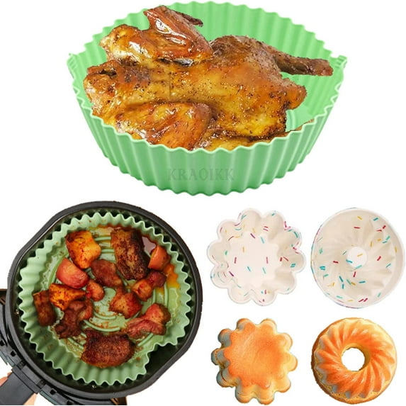 Haomacro Silicone Air Fryer Pot, Reusable Air Fryer Silicone Liners, Replacement of Parchment Liner, Food Safe Non Stick Microwave Oven Accessories (7 Inch, Medium, Green)