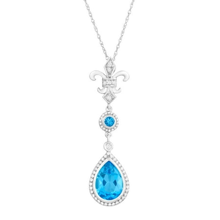 2 1/3 ct Natural Swiss Blue Topaz Fleur-De-Lis Pendant Necklace with Diamonds in 14kt White Gold