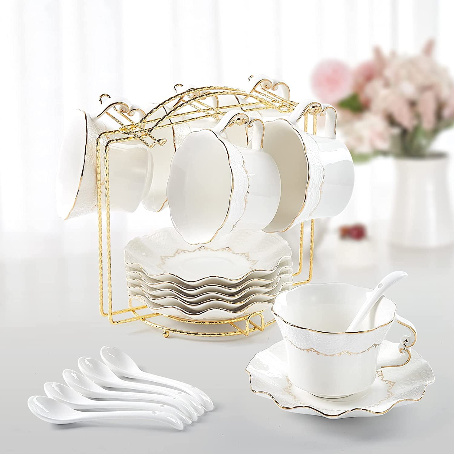 4 Borosilicate Glass Tea Cups and Saucers Set with Glass Tea Infuser Pot 24 oz Tea Pot / 3.7 oz Tea Cups CoreLife Glass Tea Set 