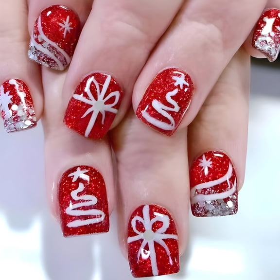RAGUPEL 2026 New Festive Christmas False Nails Short Square Press on Nails Full Covers on Nails with Snowflake Patterns Christmas Nails Short 24Pcs