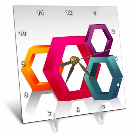 Octagon Wall Clock - 3dRose Large Octagon Shapes In Pink, Purple, Orange, and Turquoise, Desk Clock, 6 by 6-inch