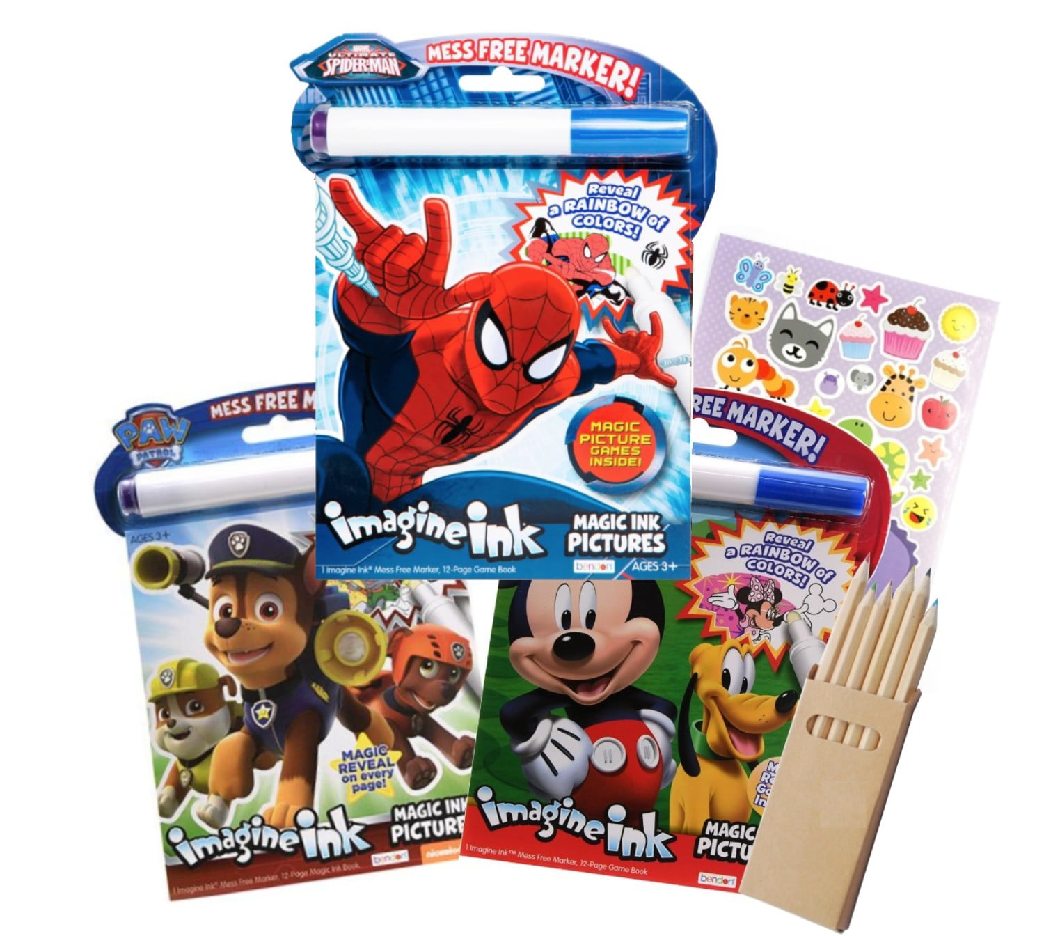 Bundle O 3 Imagine Ink Coloring Book Featuring Favorite Cartoon Characters Mess Free Invisible Ink Pens with Stickers and Pencils