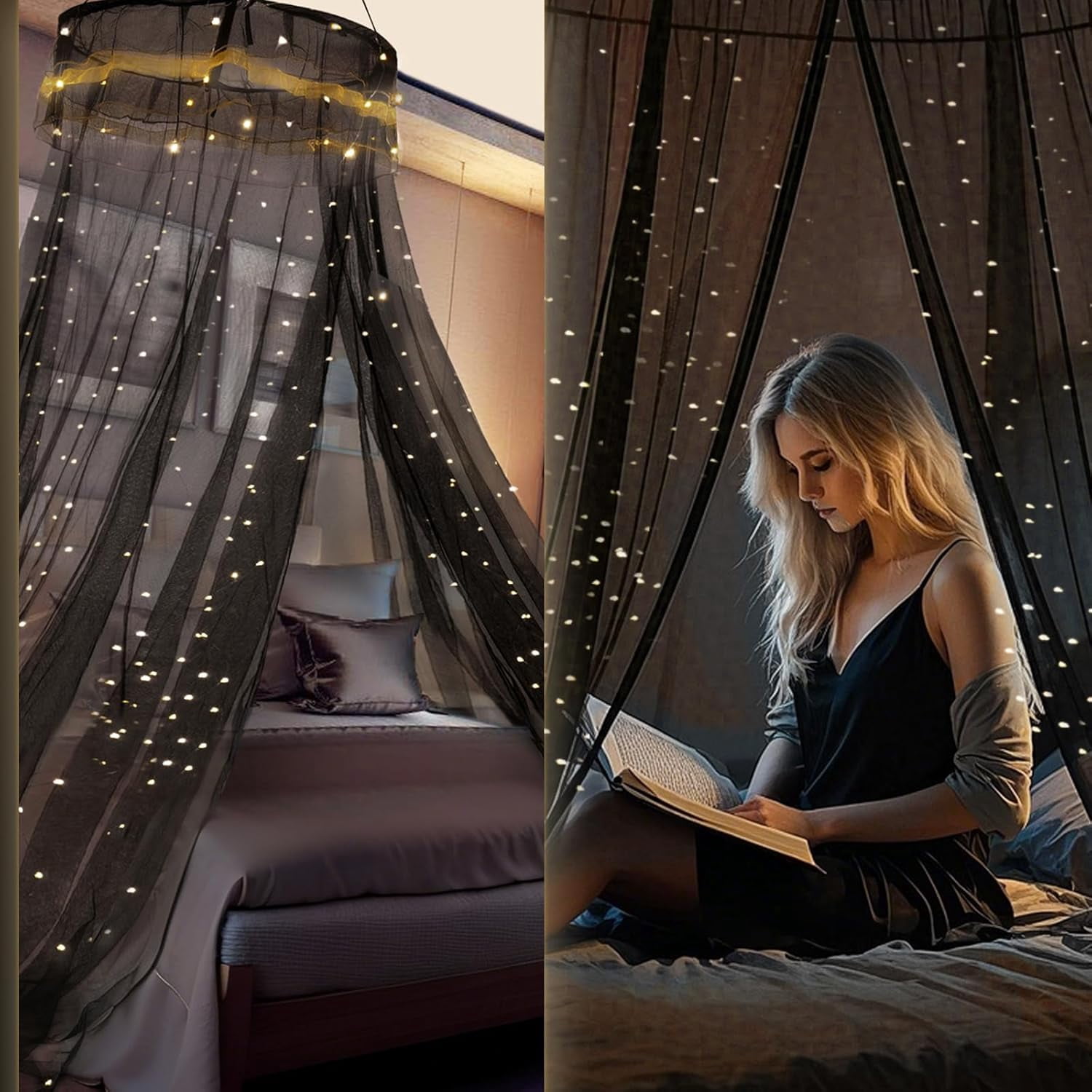 Bed Canopy with Lights for Girls, Decorate Led Lights Bed Canopy Netting Mosquito Net, Home Decor for Twin, Full, Queen - Black