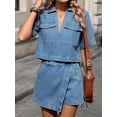 thumbnail image 3 of Women'S Denim 2 Piece Outfits Summer Lapel V Neck Crop Top Jean Skirt Shorts Set with Pockets  Set M, 3 of 8