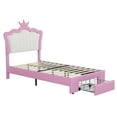 thumbnail image 3 of Twin Size Upholstered Bed Frame with LED Lights, Modern Upholstered Princess Bed with Crown Headboard, a Drawer, Pink+White, 3 of 5