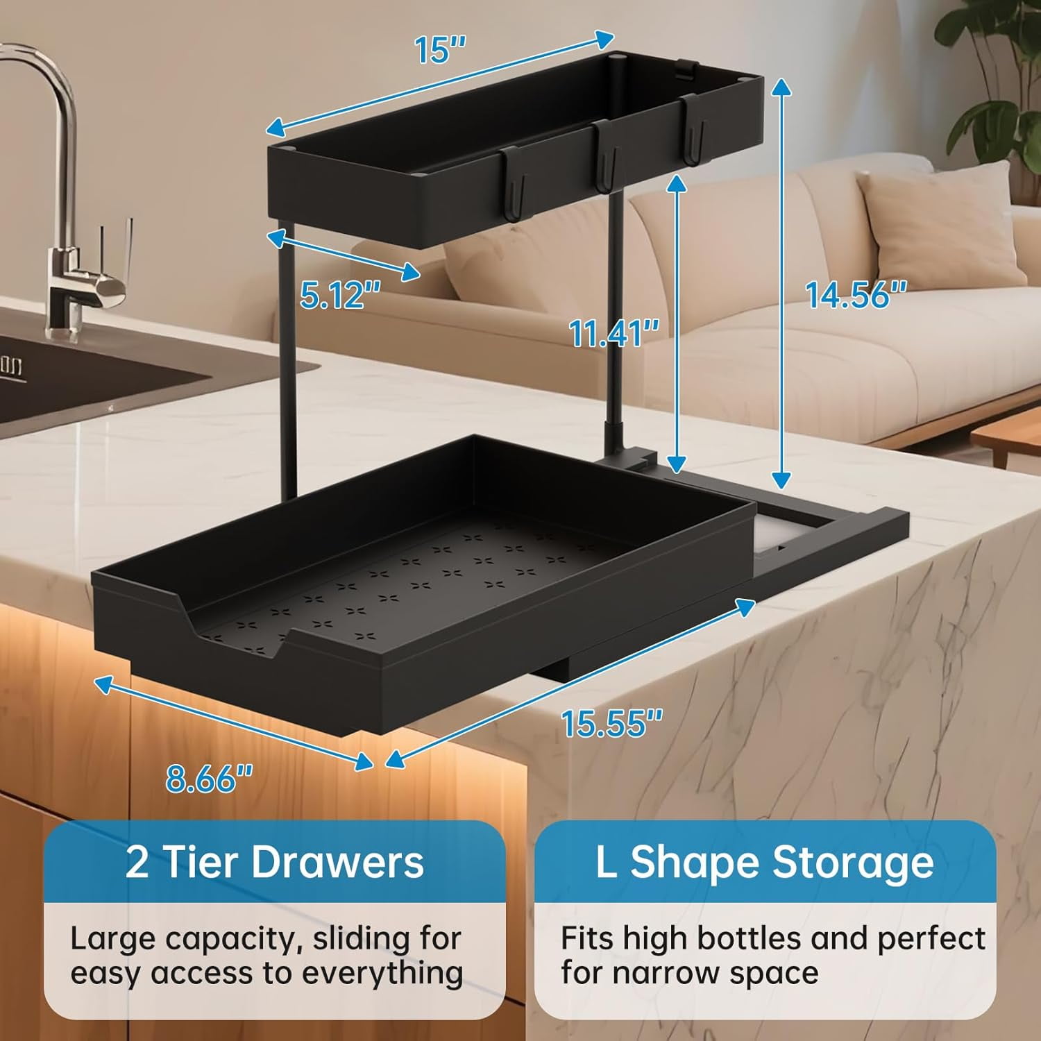 2-Pack Under Sink Organizer, 2-Tier Sliding L-Shaped Kitchen Bathroom Cabinet Organizer and Storage Rack with Hooks, Large Capacity Pull-Out Sink Organizer, Multi-Purpose Drawer Basket Storage Rack