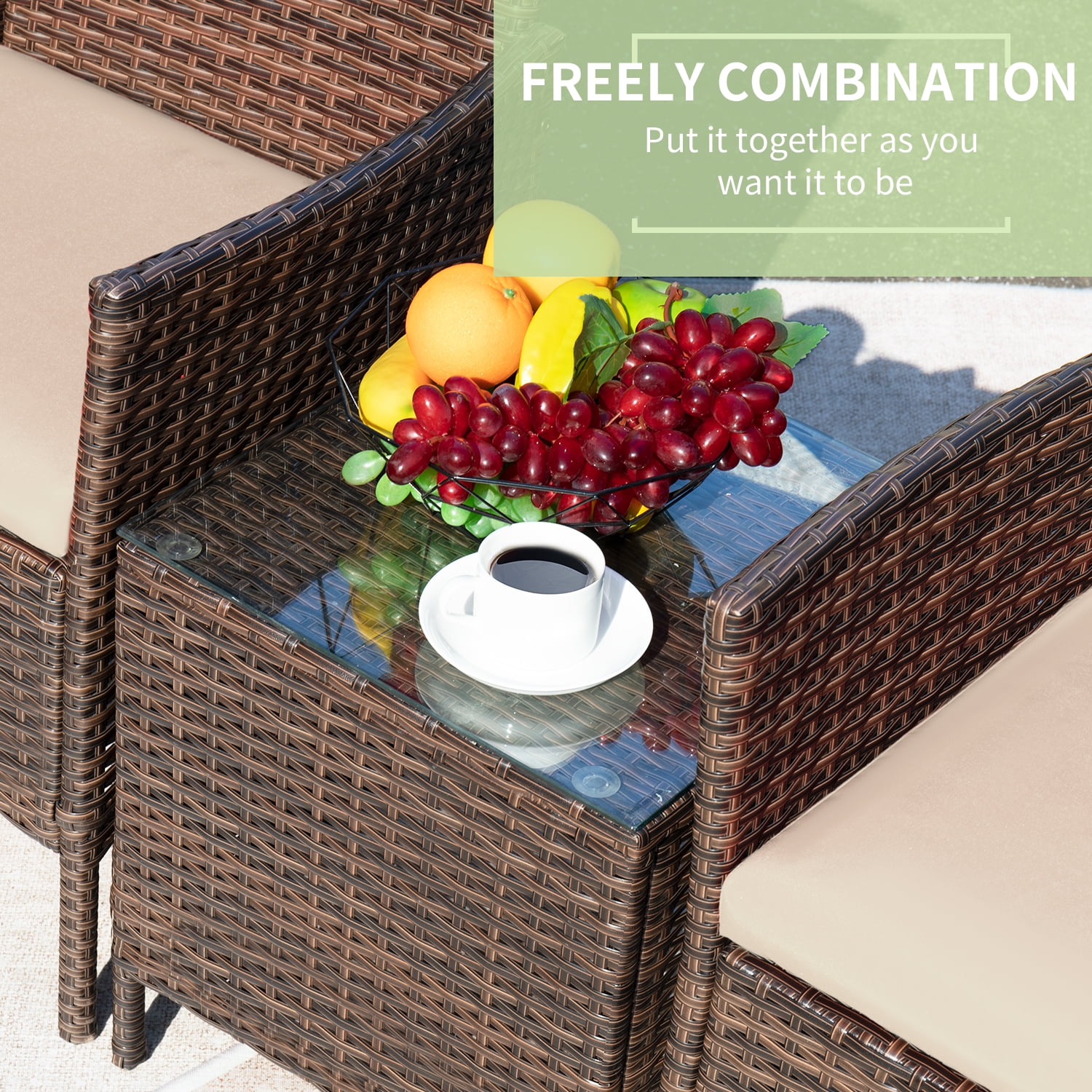Devoko Patio Conversation Set Outdoor Furniture Set PE Rattan Set of 3, Brown/Beige