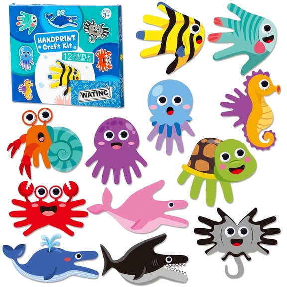 Laffact Marine Animal Handprint Craft Kit Diy Art Project, School Party Game, 12 Pieces