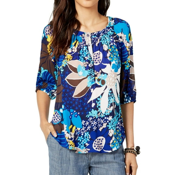 Trina Turk Womens Crepe Henley Blouse, Blue, Medium