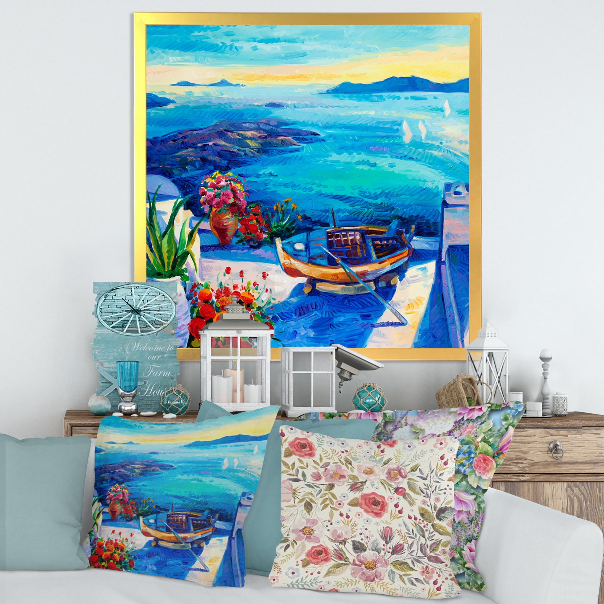 Designart 'Little Red Flowers With Sea View' Nautical & Coastal Framed Art Print