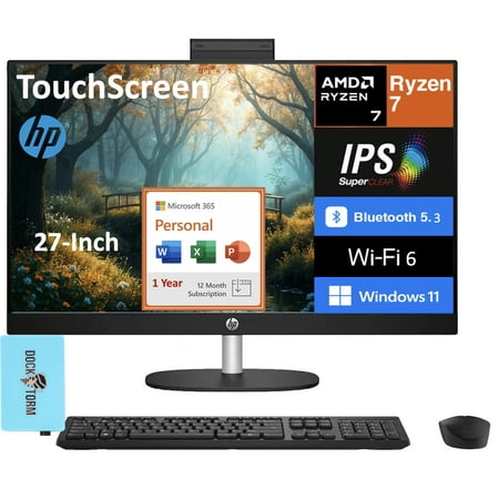 HP 27 Business All-in-One 27in FHD (AMD Ryzen 7 7730U, 32GB DDR4, 4TB PCIe SSD, AMD Radeon, Win 11 Pro) w/Microsoft 365 Personal , DKZ USB Port Expander