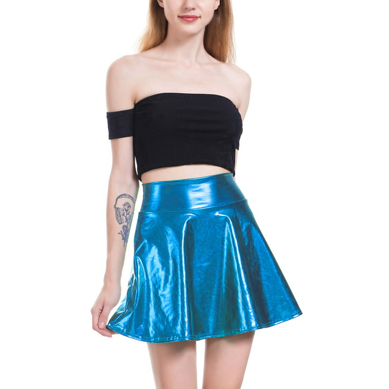 Women Laser Mini Skirt Reflective High Waist Thigh Pleated Skirt