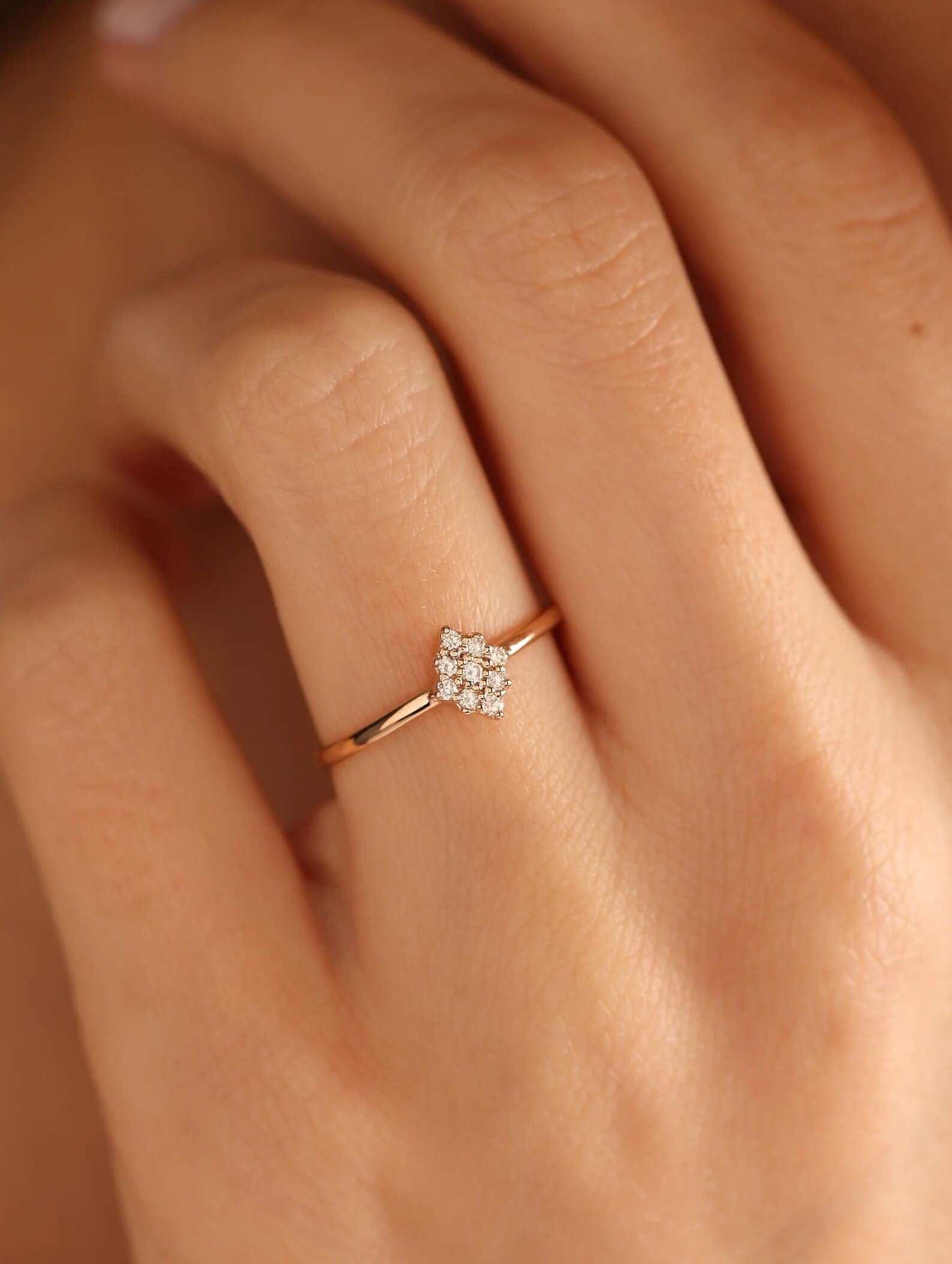 Jewelerix Delicate Cluster Diamond Ring in 10K Gold Vermeil Ring, Dainty Minimalist Engagement or Promise Jewelry Gift for Women, Elegant Everyday Design