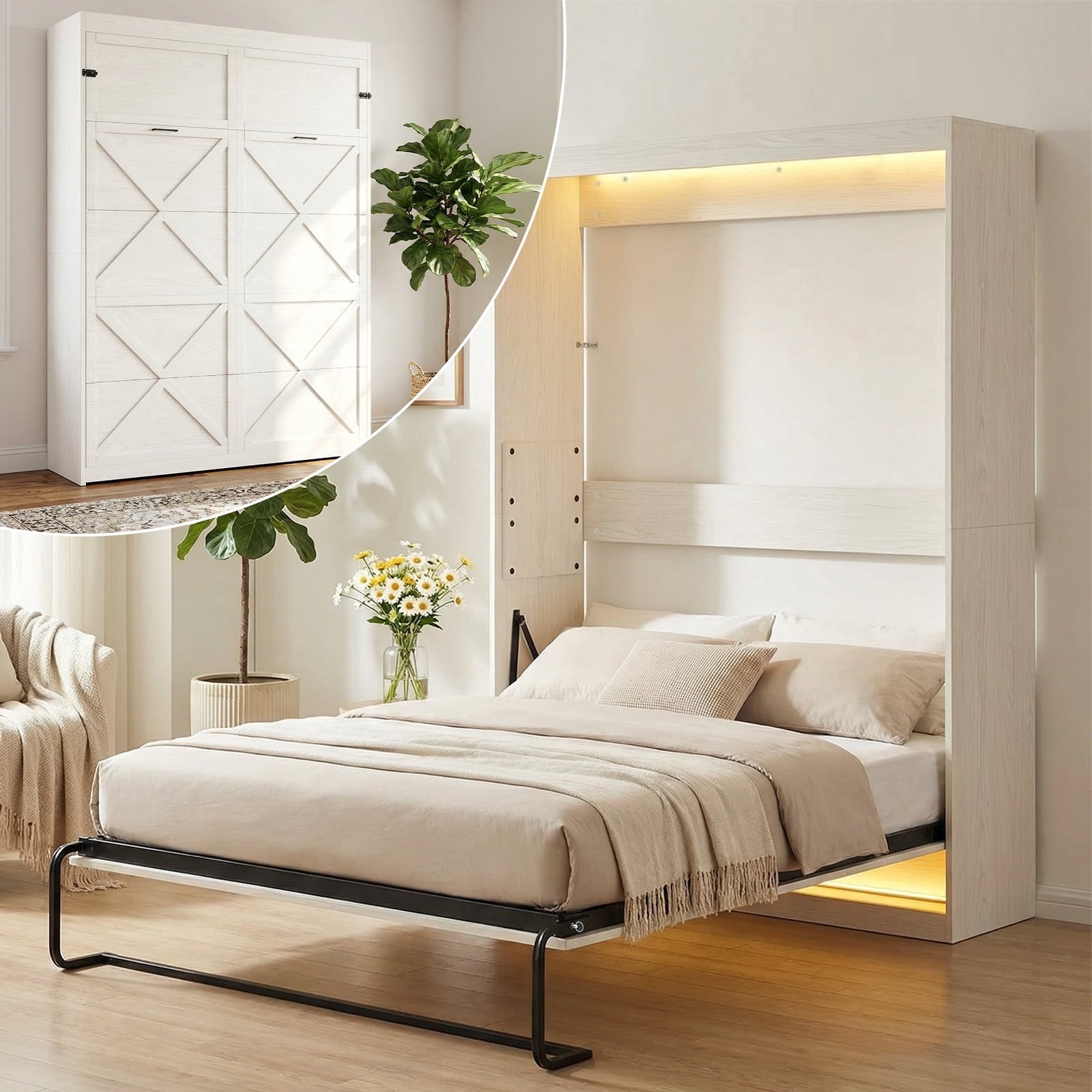 Puremind Queen Murphy Bed with LED Lights, Hidden Murphy Wall Bed with Gas-Lift, Cabinet Bed for Bedroom/Guest Room, White, Without Mattress