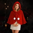 thumbnail image 2 of UTSJKR Women Hooded Velvet Christmas Cape, Ruffled Edge Cloak with Pom‑Pom Decor, Short Poncho Outerwear for Holiday and Little Red Riding Hood Dress‑Up Red, 2 of 9