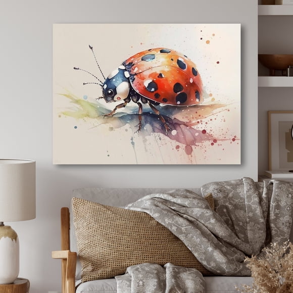 Designart Ladybug Wall art decor, LadybugWall art, Watercolor Ladybug Resting on Leaf , Red Large Modern Canvas wall art, 20x12 inches