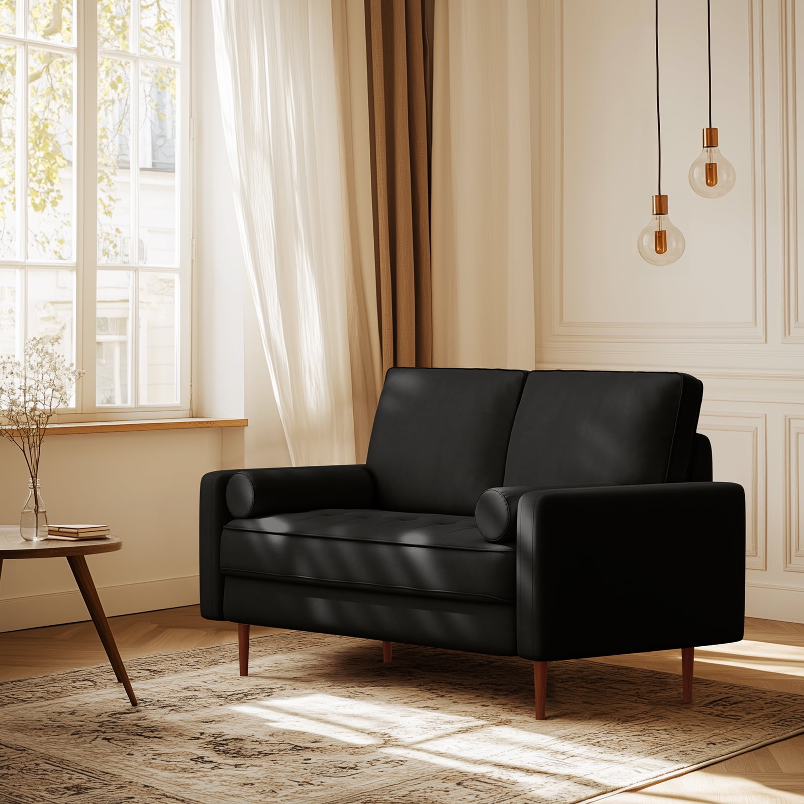 Dixie 57" Small Sofa Loveseat Couch, Premium Velvet Fabric And 2 Bolster Pillows Suitable for Apartment or Small Living Room, Black