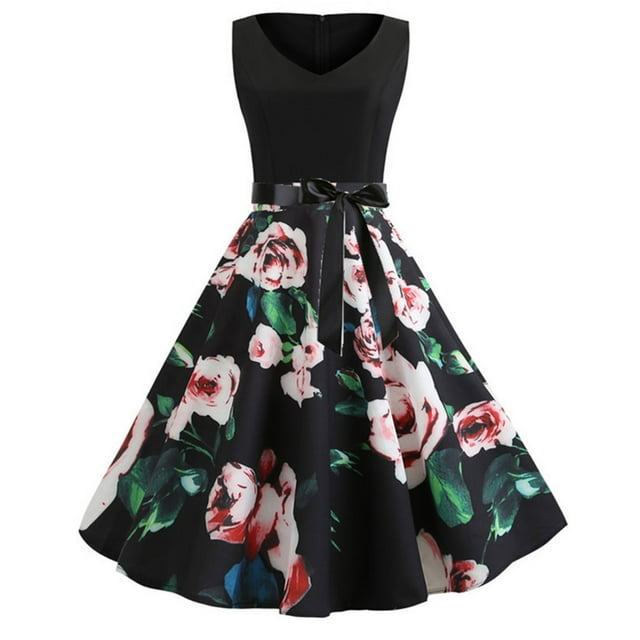 EQWLJWE Longue Robe pour Femmes Mode pour Femmes Imprimé Vintage Col en V Sans Manches Robe Aguichant Évasée