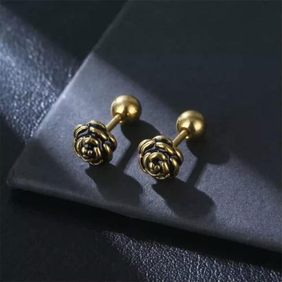 HOOUN Small Rose Flower Screw Back Ear Stud Earrings Men's Women's Jewelry Gift-Gold