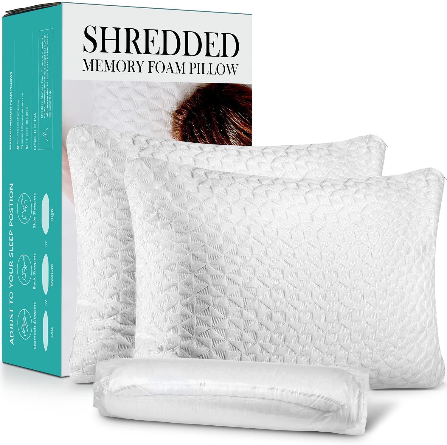 Cool Bamboo Pillow 2 Pack Adjustable Shredded Memory Foam Pillow Queen Size 