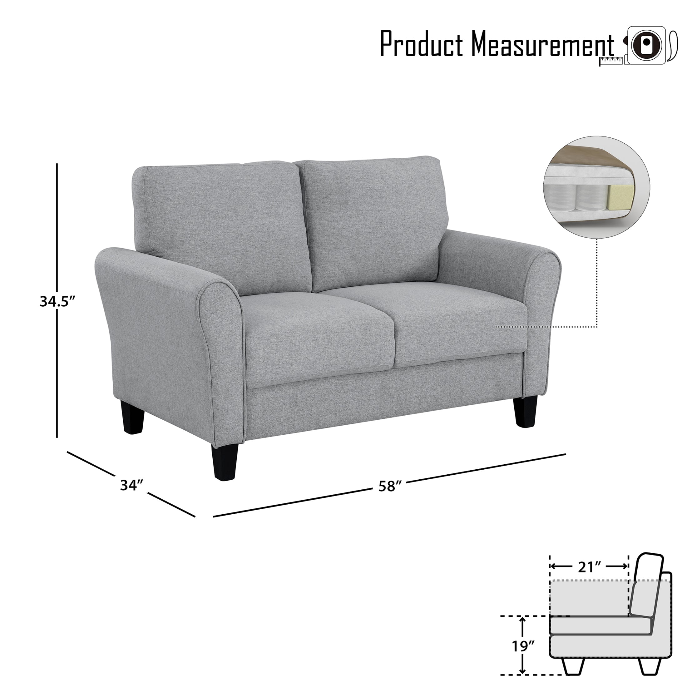 OakvillePark Eunice Fabric Upholstered Living Room Loveseat, Dark Gray
